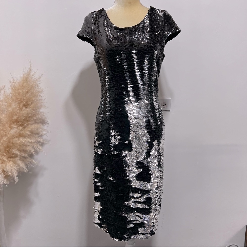 Renn Cap Sleeve Reversible Black/Silver Sequin Party Cocktail Sheath Dress Sz M